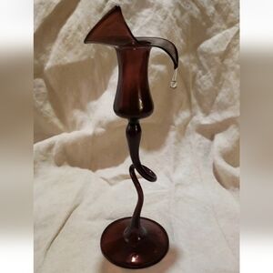 Vtg Amethyst Blown Glass Floral Taper Candlestick Holder Twisted Stem